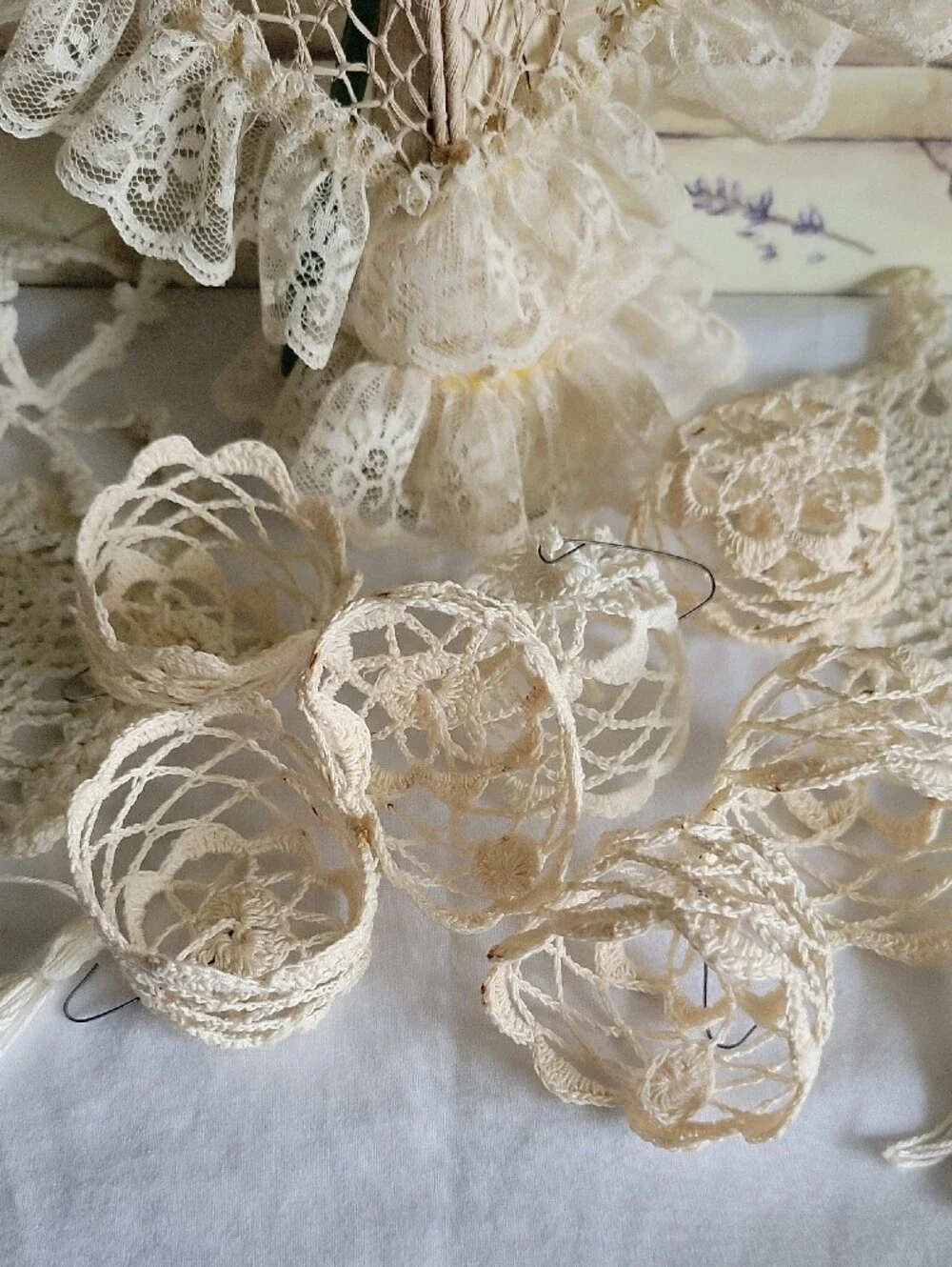 Handmade Corn Husk Angel Figurine & Crochet Lace Ornaments Doilies Lot